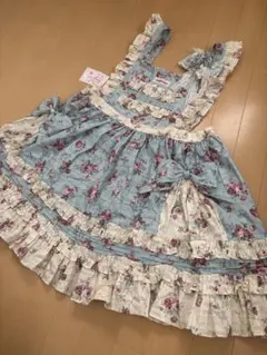 モモコハウス 水色ギンガムチェック定番フリルエプロン裾レースセミミドル丈 モモコハウス 水色ギンガムチェック定番フリルエプロン裾レースセミ