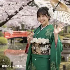 逸品 振袖7点フルセット 草花絞り　銀通し　成人式 お正月　緑系