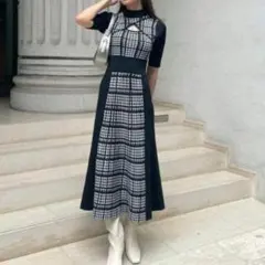 ②リエンダ 2WAY千鳥柄フレアニットワンピース ブラック 春夏 量産 現場