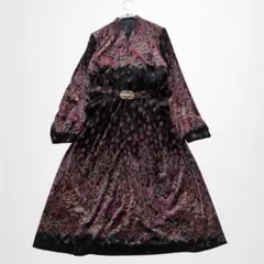 ベロア調ロングフレアワンピース 花柄 レトロ ベルト付き 肩パット ウエストゴム
