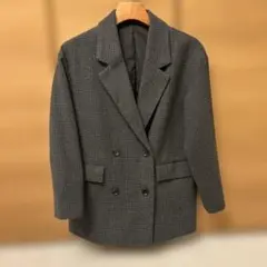 グレー チェック柄 ダブルブレスト コート　GU