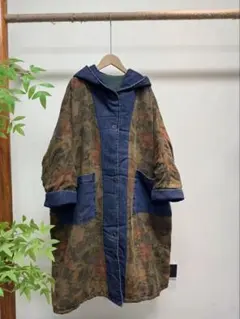 デニム切替 花柄ロングコート 中綿フード付き