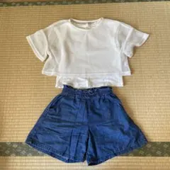 女児　GU メッシュトップスとデニムショートパンツセット 2点セット