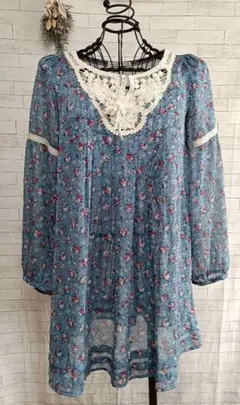 チュッニック花柄ブルー白い襟クロッシェ編み　シア-感森ガ−ル