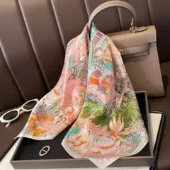 ボタニカル　花柄　シルクスカーフ　シルク100% 大判　サーモンピンク　オレンジ