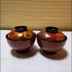 昭和レトロ 赤い花模様の漆器椀 2個セット