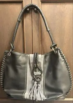 N2609 LuceLiberレザーハンドバッグ 黒グレーフリンジ付