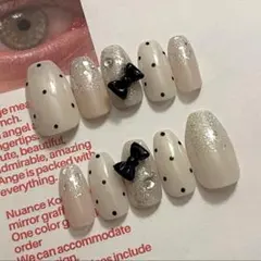 【ネイルチップ】ガーリーネイル リボンネイル ドット ラメ