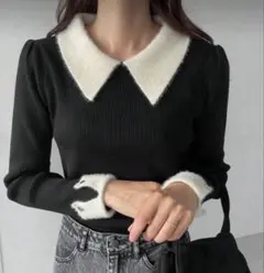 リブ編み ブラックニット 長袖 トップス SHEIN