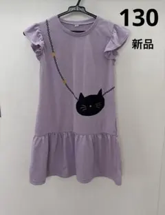新品　猫プリント フリル袖 ワンピース パープルのサムネイル