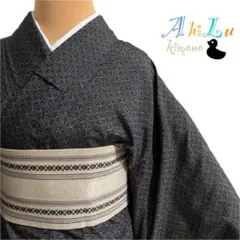 【G803】着物 紬風 単衣 紺色 正絹 黄土色 対象身長～141cm 送料無料