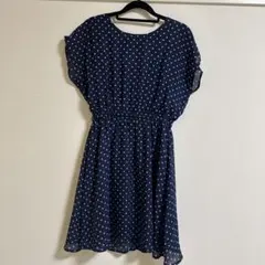 ネイビー 水玉模様 半袖ワンピース レトロ