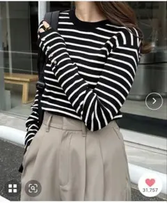 ストライプ長袖トップス M ブラック・ホワイト