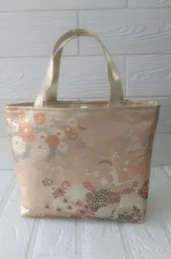 帯リメイクバッグ　トートバッグ小さめ　ピンクゴールド　花、扇、鳳凰柄