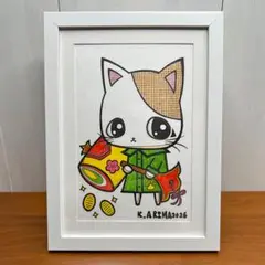 原画一点物】「花束ダルマ」猫の絵 絵画 原画 絵 動物画 ポップアート