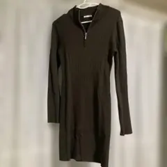 GU リブニット ハーフジップ ワンピース ダークブラウン M