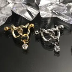 ②《P187z／ゴールド／1個》wハートイヤーカフ18G♡軟骨ピアス ジルコニア