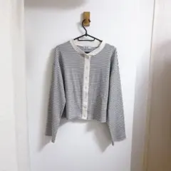 discoat ボーダー　リブ長袖カーディガン　フリーサイズ　ホワイト　ブラック