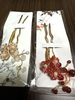 紅白の梅モチーフ　かんざし　髪飾り2点と裾止めピン　セット販売