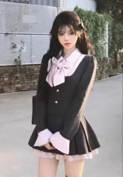 miu系 韓国 制服 ホビ垢 リボン 制服風 ワンピース ピンク S SHEIN