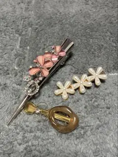 ヘアクリップ バレッタ 3点セット 花 蝶 ビジュー パール