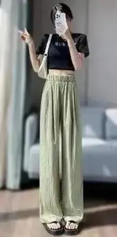 M グリーン パンツ ワイドレッグ ハイウエスト ストレート ウエストゴム