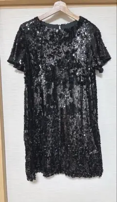 ZARA BASIC ブラック スパンコール 半袖ワンピース L