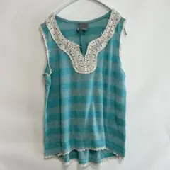 じ*も様 海外古着クロシェ編み ボーダー ニット チュニック ターコイズブルー