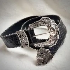 クロコダイルベルト レザー 革 ウエスタン y2k スタッズ 黒 シルバー