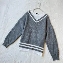 シュリーブ 配色ライン ニット 重ね着風トップス M カジュアル オーバーサイズ