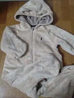 ミキハウス 　暖かフード付きロンパース ベージュクマさん