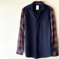 ネイビー ×レッド系チェック柄 長袖 ネルシャツ