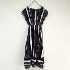 n1228 マルチストライプ Aライン ロングワンピース ネイビー ボルドー