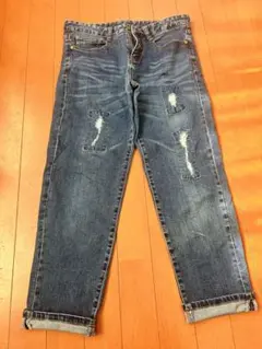 ダメージ加工ストレートジーンズ ダークブルー