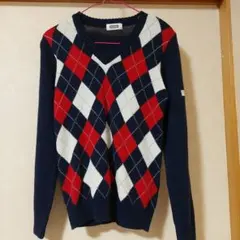アーガイル柄 長袖ニットセーター ネイビー
