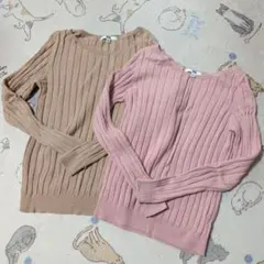 UNIQLO リブ編み長袖ニット セーター サーモンピンク＆ベージュ Sサイズ