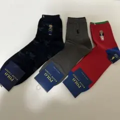 ポロラルフローレン メンズソックス 3足 新品 赤 ネイビー グレー ポロベア