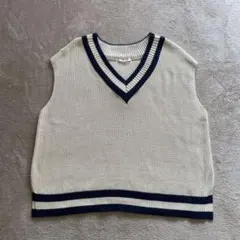 RETRO GIRL アイボリー・ネイビー Vネックニットベスト F 数回着用