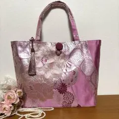 No.12 帯リメイクバック　花柄刺繍トートバッグ ピンク紫色フリンジ飾房付き