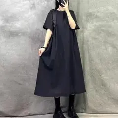 半袖 ラウンドネック 着痩せ 無地のワンピース 2色 体型をカバー Aライン