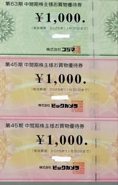 【最新】コジマ・ビックカメラ 株主優待券 1,000円×3枚