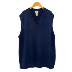 ※S 90s L.L.Bean コットンニットベスト ネイビー Vネック 表記L