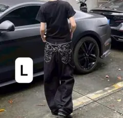 ワイドデニムパンツ　バギーデニム　黒　ブラック　刺繍　ユニセックス　L