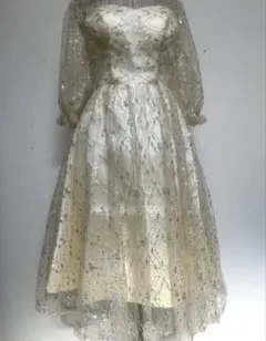 スパンコール刺繍 七分袖 ミドル丈 フレア チュールドレス