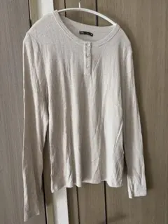 ZARA ベージュ ヘンリーネックリブ長袖Tシャツ L