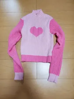 ハートモチーフ タートルネック ニット セーター ピンク