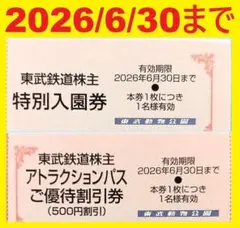 来年6月迄東武動物公園入園料無料券+アトラクションパス500円割引券のセット⑦