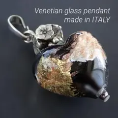 ヴェネツィアングラス ペンダントトップ ハート ブラック 金彩 ムラーノグラス