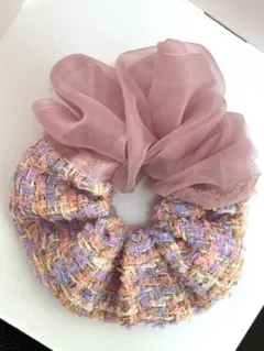 NEWピンクオーガンジーリッチツイードシュシュ