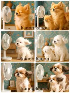 P332 パネル生地　ポメラニアン　マルチーズ　扇風機　18×18 6枚1セット
